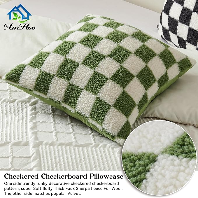 AmHoo Pack of 2 Decorative Throw Pillow Covers Checkerboard Luxury Super Soft Faux Fur Wool Set Case Cushion for Couch Sofa Bedroom 22 x 22-Inch Sage Green