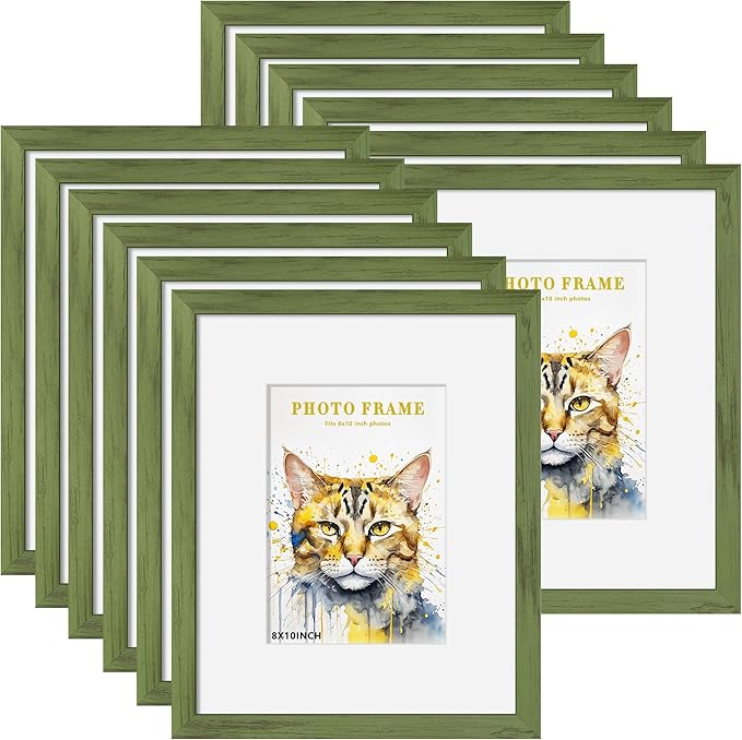 Picrit 8x10 Picture Frame Set of 12, Display 5x7 with Mat or 8x10 without Mat, Photo Frames for Wall Mounting or Table Top Display, Green Wood Grain