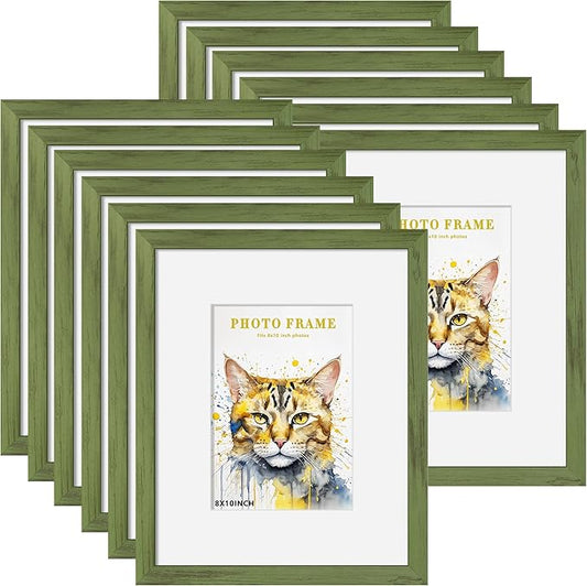 Picrit 8x10 Picture Frame Set of 12, Display 5x7 with Mat or 8x10 without Mat, Photo Frames for Wall Mounting or Table Top Display, Green Wood Grain