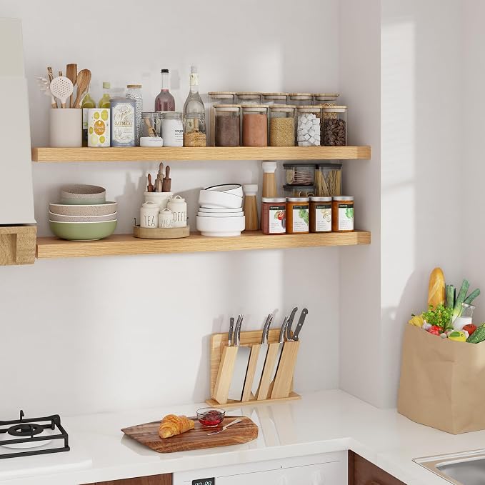 Floating Shelves for Wall, 48 inch Oak Floating Shelves 2 Packs, 9.3in Deep Wall Mounted Floating Shelf, Extra Long Storage Shelf for Living Room, Bathroom, Kitchen, Office, Floating TV Stand