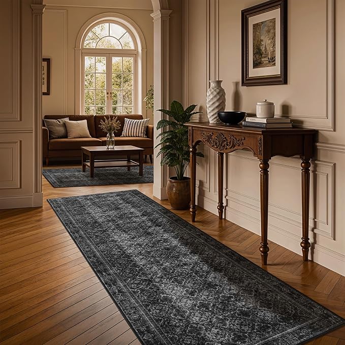 LIANLAM 2x6 Washable Area Rug, Vintage Boho Traditional Pattern, Non-Slip Stain Resistant Rug for Living Room Bedroom(2x6,Black/Boho)