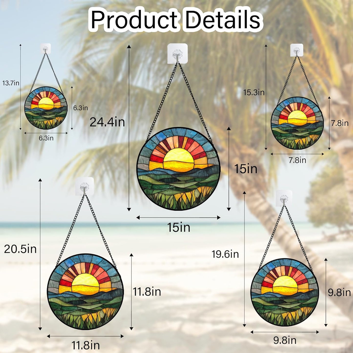 Stained Glass Window Hanging, Golden Red Sun Green Mountain Suncatcher for Window Home Decor Nature Landscape Sun Catcher Mother's Day Birthday Gifts for Women Men Mom Nana 11.8 in