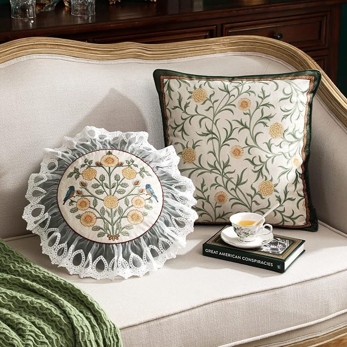 patdrea Designer Vintage Velvet Throw Pillow Cover,Set of 4,-Botticelli | Elegant Lumbar Ruffle Pillow Case with Zipper,Green Floral Pattern,Decor Cushion Coverfor Couch Living Room Bedroom Sofa
