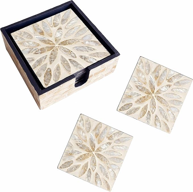 6 Pack Mother of Pearl Squre Coasters with Holder, Seashell Inlay Square Cup Holders with Organizer, Decorative Coasters Capiz Shell Trivet for Coffee Table, 5", I-lan (Gold Leaf)