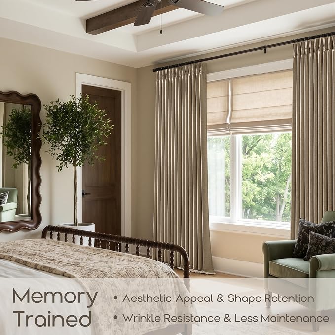 Vintage 92 Inches Pinch Pleated Curtains 2 Panels Set Memory Training Back Tab Thick Linen Curtains with Hooks Rings Dark Flax Brown Light Filtering Pinch Pleat Drapes for Living Room Bedroom 40x92
