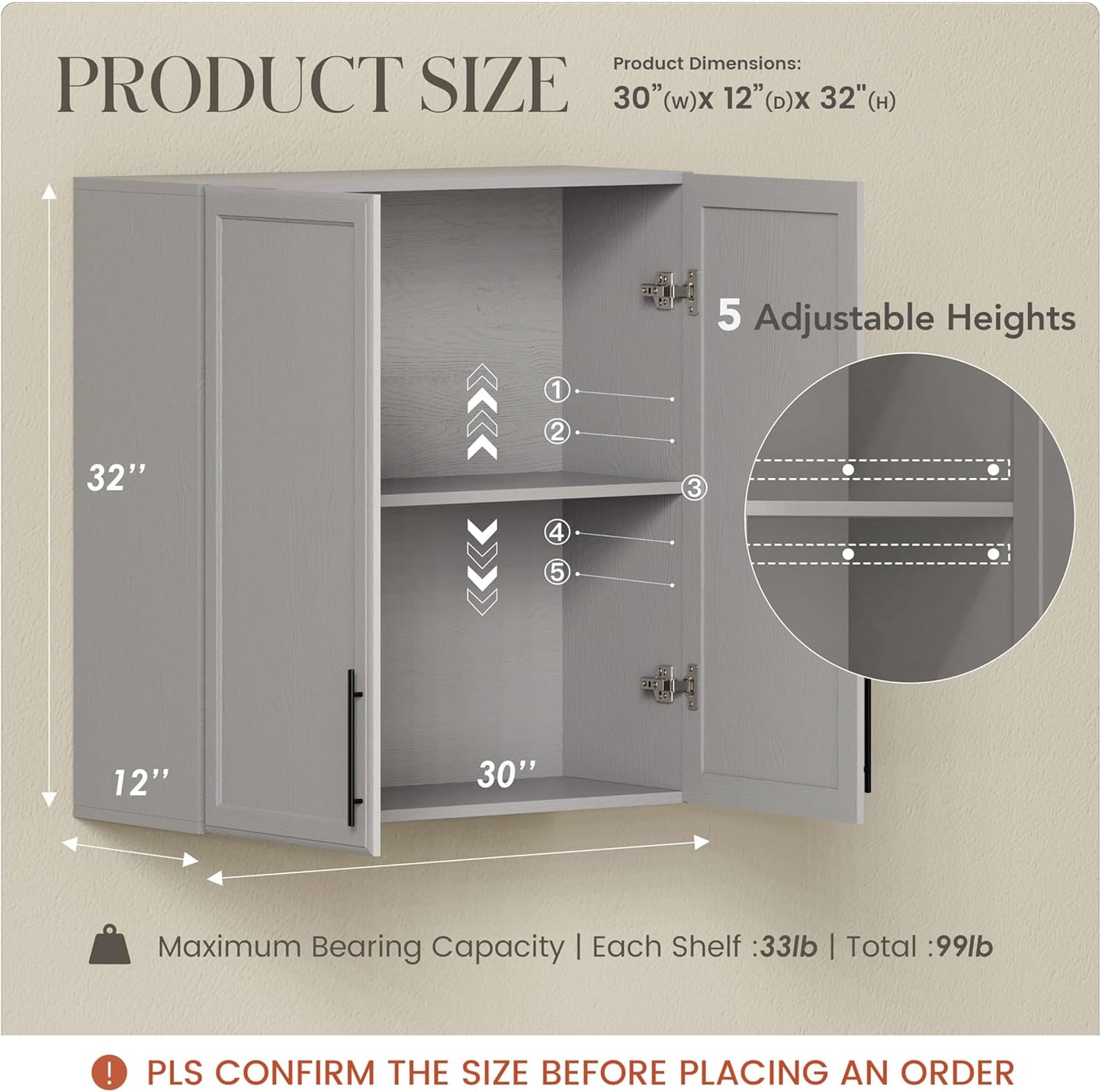 FIMELLO 30" Kitchen Wall Storage Cabinet with Adjustable Shelf, Laundry Cabinet with Doors, Bathroom Storage Cabinet Wall Mount, Storage Cabinet for Bathroom, Kitchen, Laundry Room Cabinet, Grey