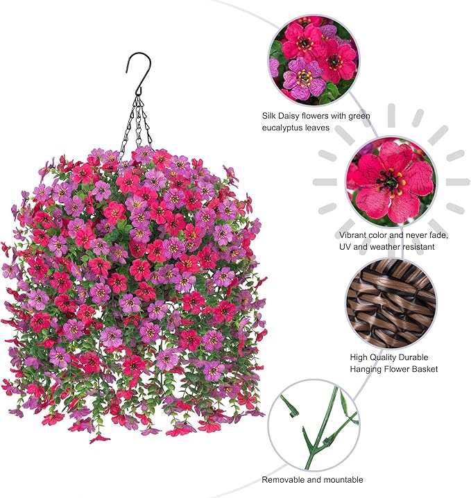 HyeFlora Artificial Hanging Flowers Basket for Outdoor, Fake Flowers Faux Plants Look Real for Yard Gardens Porch Patio Home (Purple+Hotpink)