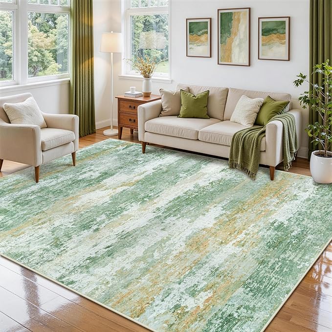 6x9 Area Rugs for Living Room Rug Washable: Abstract Rug for Dining Room Bedroom Carpet Non Slip 6 by 9 Indoor Modern Nursery Home Office Green