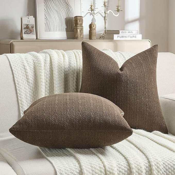 FUTEI Dark Coffee Chenille Throw Pillow Covers 12x20 Inch Set of 2,Soft Striped & Diamond Textured Lumbar Pillow Cases,Modern Home Decor for Couch Living Room