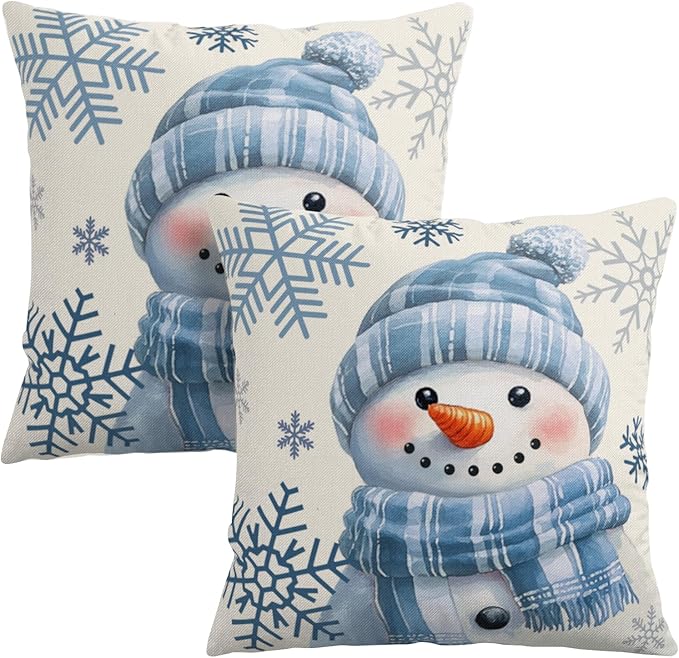 Lovely Blue Snowman Pillow Covers Winter Throw Pillow Case 22x22 Set of 2 Snowflakes Pillowcase Holiday Cushion Case for Living Room Bedroom Couch Sofa
