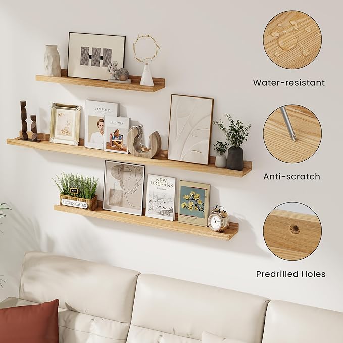 Acovy Solid Ash Wood Picture Ledge Shelf, 24 Inch, Natural, Set of 2 | Wood Floating Shelves with Lip, Photo Ledge Shelf, Wall Mounted, For Living Room Bedroom Nursery