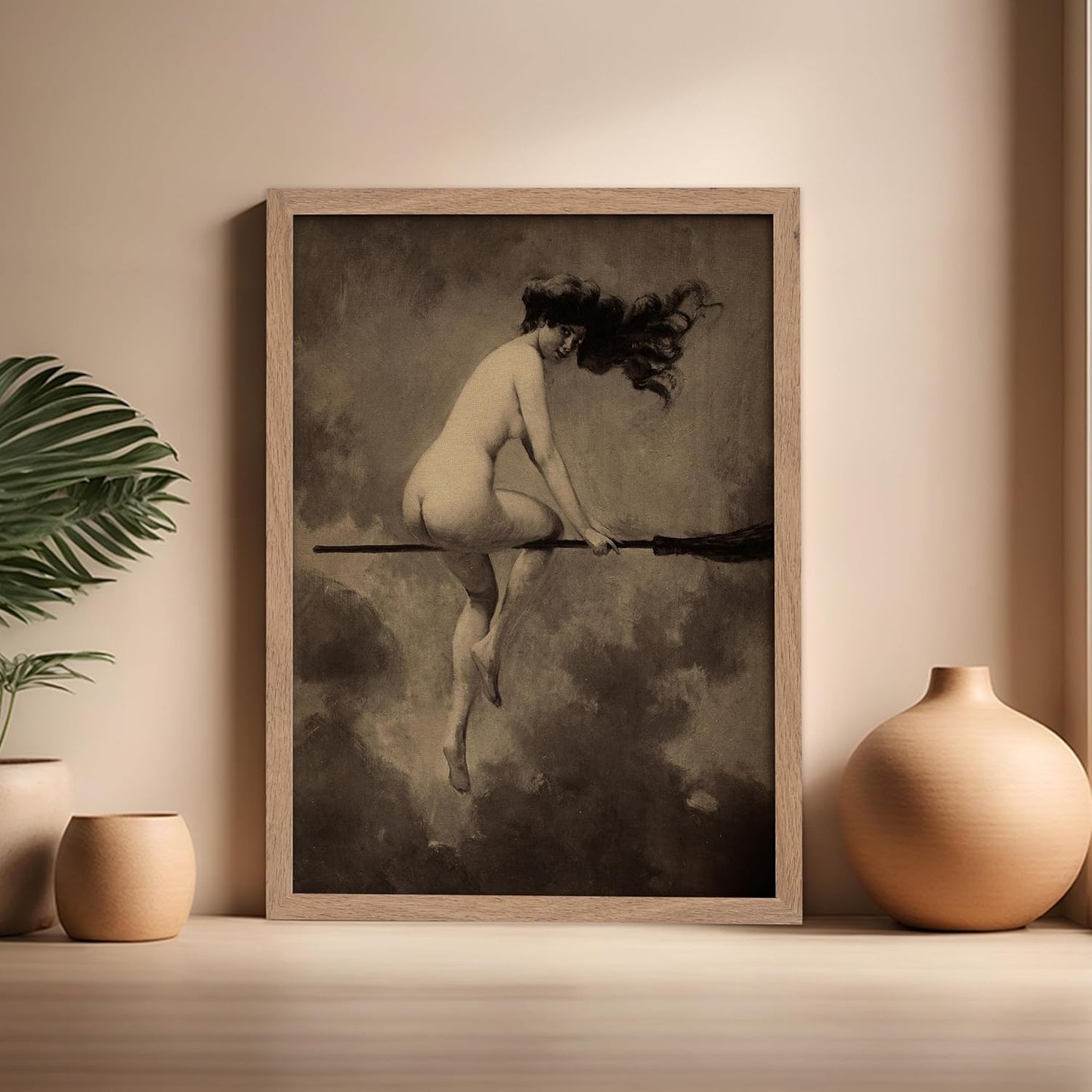 Poster Master Vintage Albert Joseph Penot Poster - Retro Halloween Print - Gift for Artist, Friend - Departure for the Sabbath, Naked Witch on Broom - Wall Decor for Bedroom, 16x20 Beige Framed