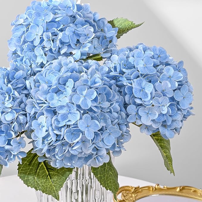 MARTINE MALL 5Pcs 21in Hydrangea Artificial Flowers, Latex Real Touch Hydrangeas Lifelike Large Hydrangea Flowers for Home Decor Party Arrangements Wedding Bouquets Centerpieces (Blue)