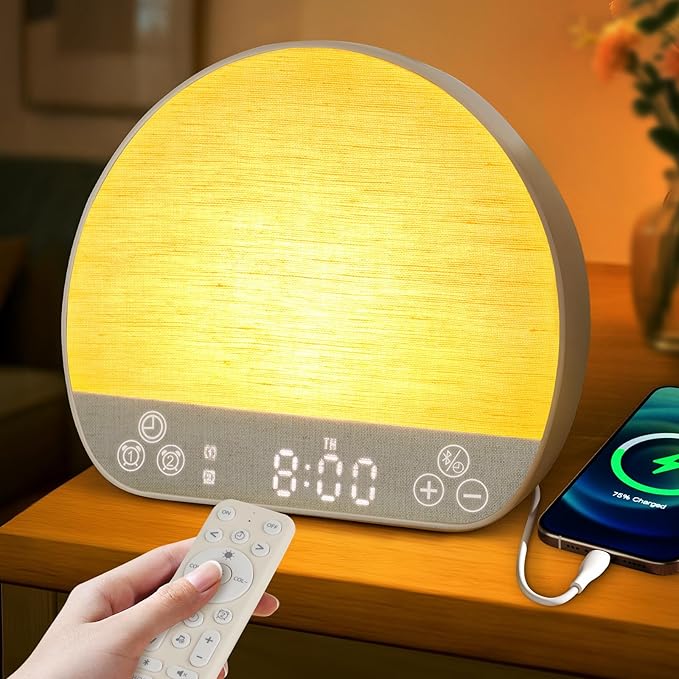 JONRRYIN Sunrise Alarm Clock Wake Up Light for Heavy Sleeper, 37 White Noise Sounds, Tap Snooze, Bluetooth Speaker, Remote Control, USB Port, 15 Color Dimmable NightLight for Bedroom