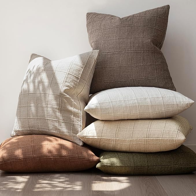 Foindtower Set of 2 Decorative Linen Check Throw Pillow Covers Neutral Farmhouse Vintage Cushion Covers Modern Boho Home Decor for Sofa Chair Couch Bedroom Living Room,20×20 Inch,Taupe Grey