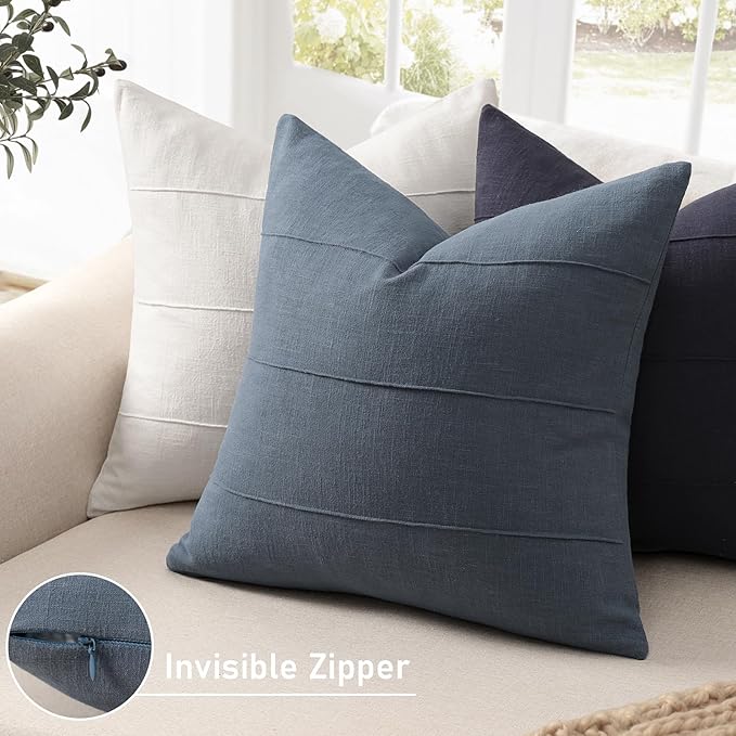 ZWJD Decorative Linen Throw Pillow Covers 20x20 Set of 2 Solid Handcrafted Striped Cushion Covers for Bed Soft Modern Farmhouse Neutral Pillowcase for Couch Bedroom Living Room Home Decor(Slate Blue)