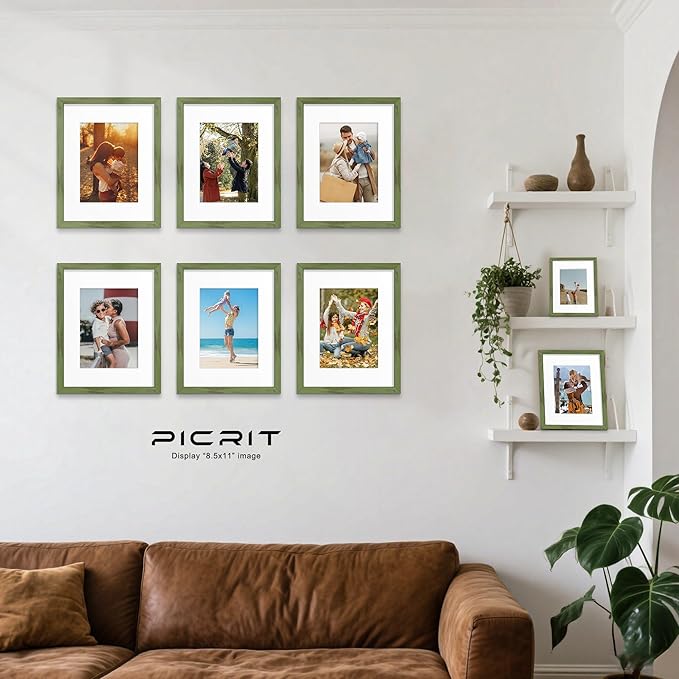 Picrit 8.5x11 Picture Frame Set of 12, Display 6x8 with Mat or 8.5 x 11 without Mat, Photo Frames for Wall Mounting or Table Top Display, Green Wood Grain