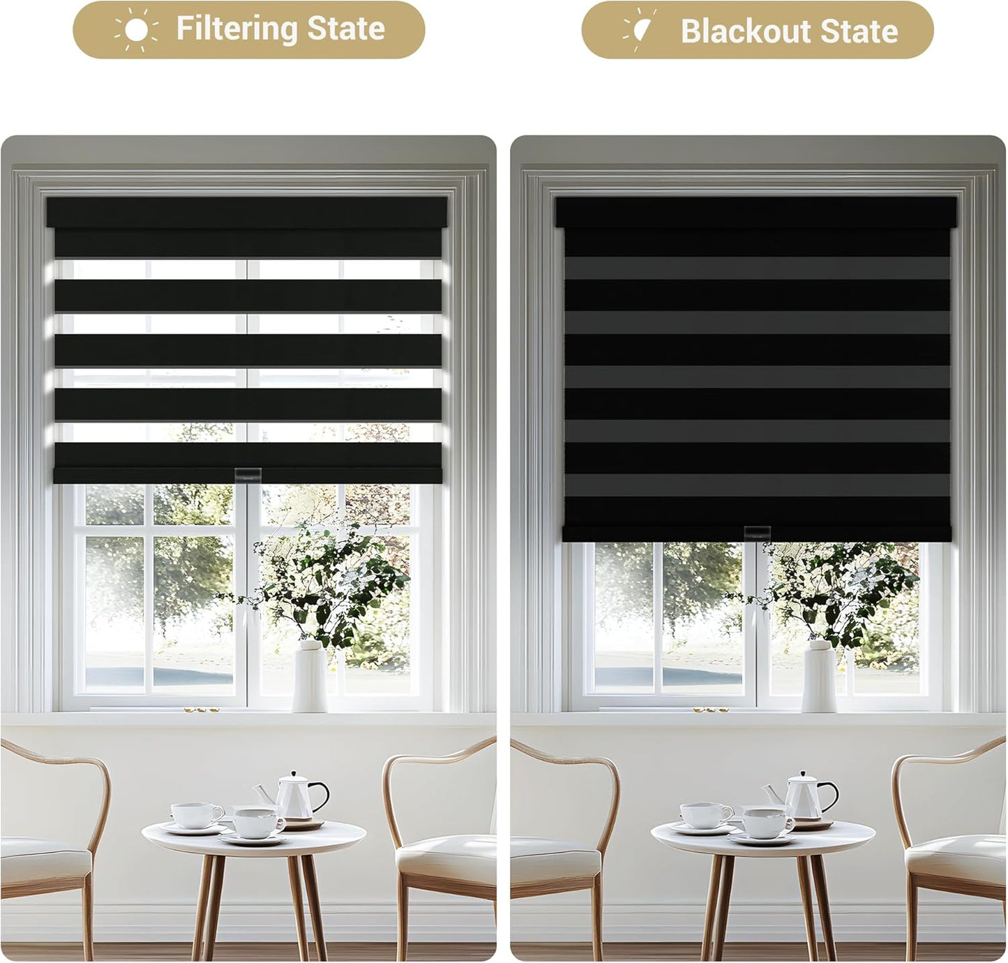 Cordless Zebra Blinds for Windows, Blackout Interior Blinds,Easy to Install,UV Protection,for Offices and Home,Custom Roller Shades, Solid Black, 86" W x 56" H