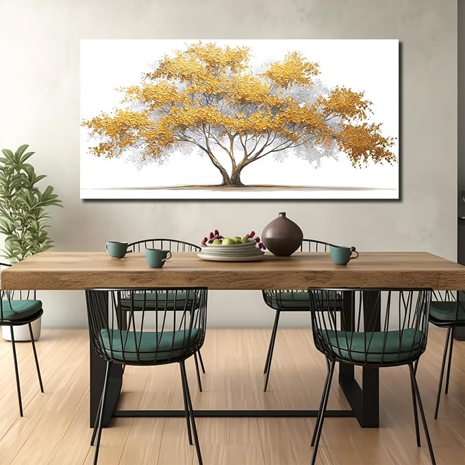 AOZEMI Tree Wall Art White Pictures Wall Decor Yellow Canvas Art for Living Room Bedroom Bathroom Office Large Modern Artwork 29"x 59"