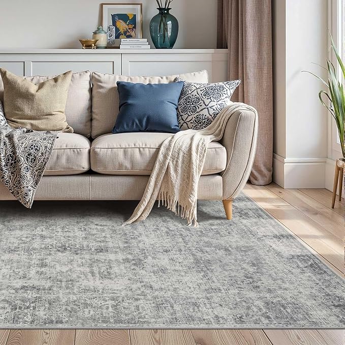 Rugxara 4x6 Area Rugs for Living Room Bedroom, Large Washable Rug, Grey Vintage Abstract Boho Rug, Non Slip & Low Pile Wool Carpet for Indoor Dining Room, Farmhouse, Kids Room and Office(Grey 4x6ft)