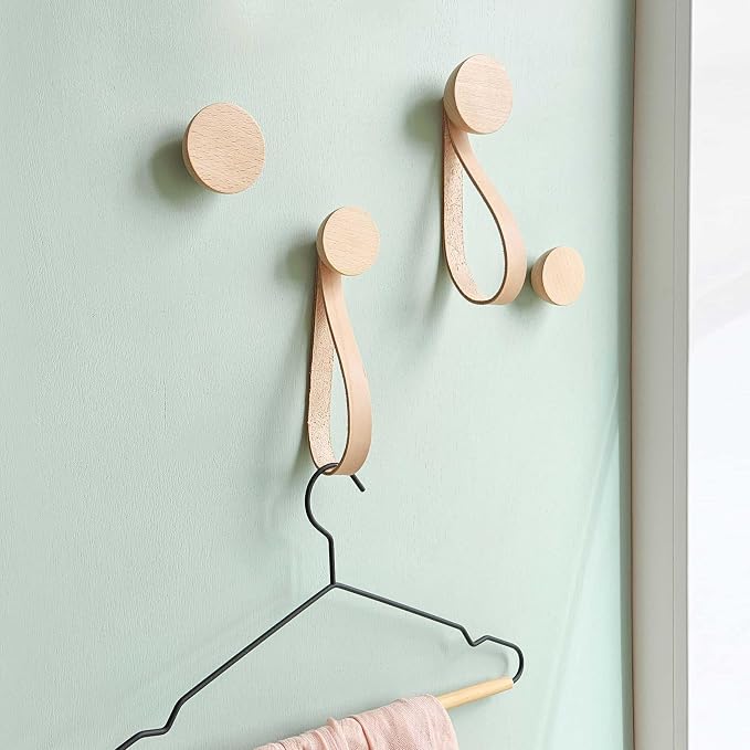 Round Solid Beech Wood Coat Hook + Genuine Leather Strap - Set of 2 (2.3 inch Diameter), for Entryway, Bathroom, Bedroom, Kitchen, and Office