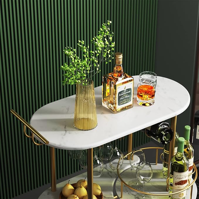 Gold Bar Carts with 4-Tier Storage Shelves, Mobile Bar Serving Cart with Wine Rack and Glass Holder, for The Home, Kitchen, Living Room, Dining Room