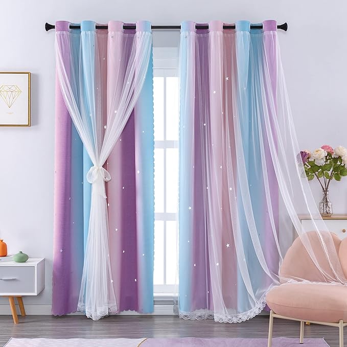 XiDi Curtains for Girls Bedroom Kids Room Unicorn Princess Theme Home Decor 72 inches Length Pink/Purple, W52 X L72 2 Panels