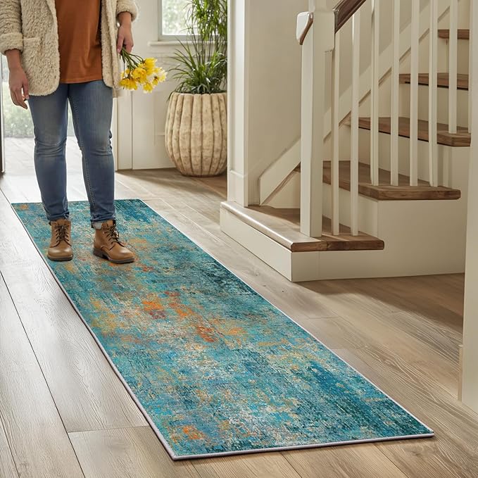 RELEANY Washable Area Rugs 2'x6' Non-Slip Modern Abstract Soft for Living Room Entryway Bedroom Nursery, Print Pattern, Teal Blue Green Orange Rust Red Coloreful