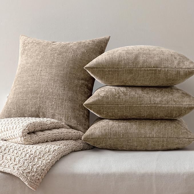 MIULEE Pack of 4 Decorative Throw Pillow Covers 18x18 Inch Taupe Chenille Textured Throw Pillows Boho Farmhouse Accent Cushion Covers for Modern Home Decor Couch Sofa Bed Living Room