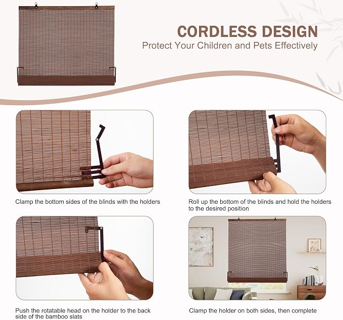 ALIMOO Cordless Bamboo Blinds, Light Filtering Cordless Roll Up Window Shades for Doors Indoor Outdoor Home Patio Porch 24" W x 72" H