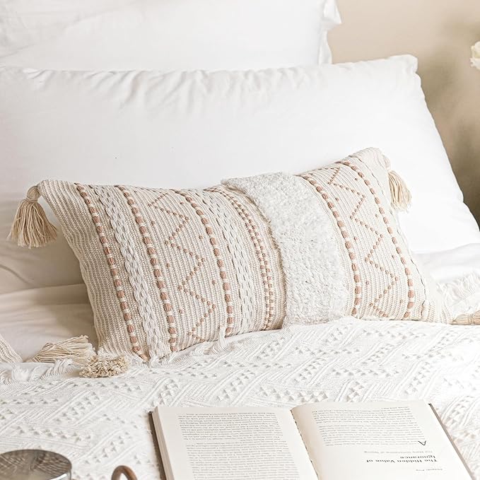 BlissBlush 12x20 Lumbar Pillow Cover, Cream Neutral Beige Rectangular Decorative Cushion Cover, Boho Accent Pillowcase with Tufted Details and Tassels for Couch Sofa Living Room (Cover Only)