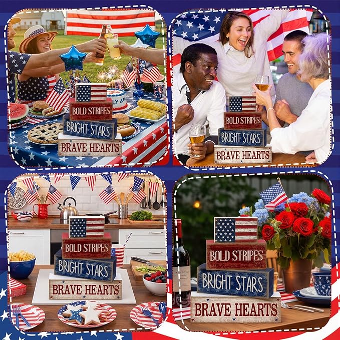 4 Pcs Memorial Day Decorations Wooden American Flag Patriotic 4th of July Tabletop Decoration Red White Blue Table Centerpieces Sign for Office Tiered Tray Home Shelf 250th Anniversary