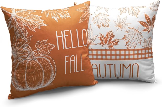 Hello Fall Pillow Covers Burnt Orange Maple Leaves Pumpkin Throw Pillow Covers 20x20 Set of 2 Autumn Pillowcase Double Sided Printing Cushion Case for Home Decor Couch Sofa