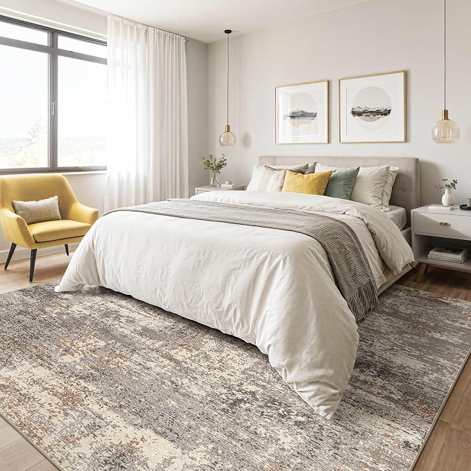 5x8 Area Rugs Living Room: Washable Large Abstract Neutral Modern Soft Rug Stain Resistant Indoor Floor Non-Slip Accent Carpet for Bedroom Nursery Playroom Dining Room Office Home- Sand Brown Black