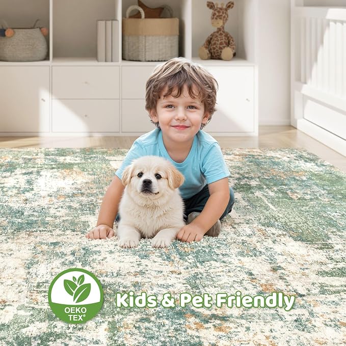 3x5 Rug for Living Room: Washable Large Abstract Soft Green Rugs Stain Resistant Indoor Floor Non-Slip Accent Carpet for Men Modern Home Enthusiasts Aged 25-45 - Bedroom Office Playroom