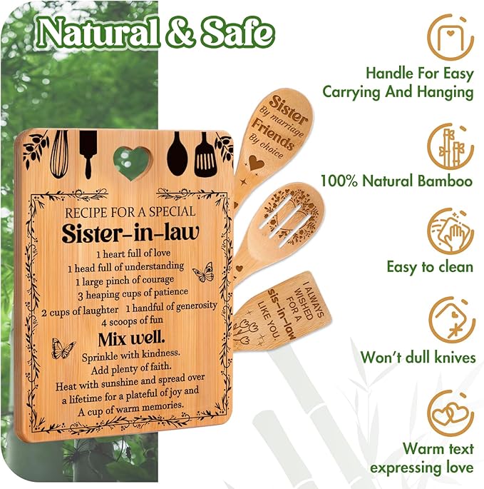 Gifts for Sister in Law - "Recipe for a Special Sister-in-Law", Sister in Law Birthday Gifts Engraved Bamboo-Made Cutting Board Set, Mothers Day Gifts for Sister in Law.