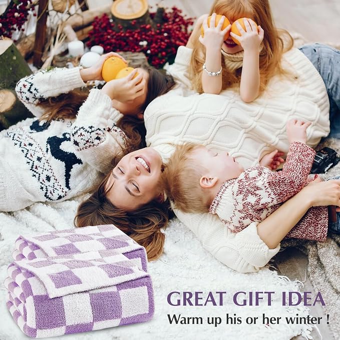 WRENSONGE Soft Twin Size Checkered Blanket for Bed-Cozy Knitted Blankets | Lightweight Fluffy Warm Decor for Women, Mom, Her & Girls, Sofa, Chair, Couch, 60x80in,Purple