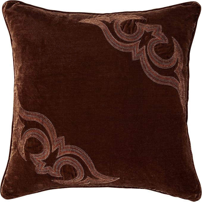 HiEnd Accents Stella Faux Silk Velvet Boot Stitch Pillow, 22x22 inch, Copper Brown, Romantic Western Modern Traditional Style Luxury Bedding, Decorative Throw Pillow