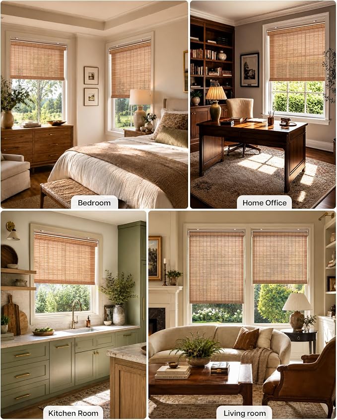 LazBlinds Cordless Bamboo Roller Shades, 29" W x 70" H, Squirrel | Natural Light Filtering Bamboo Window Blinds, Bamboo Roll Up Shades for Bedroom Living Room Office Indoor