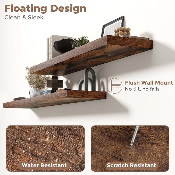72 Inch Floating Shelves for Wall with Invisible Brackets Set of 2, 12"D Engineered Wood Wall Shelves with Wood Grain for Living Room, Bedroom, Bathroom, Kitchen Decor and Storage, Rustic Brown
