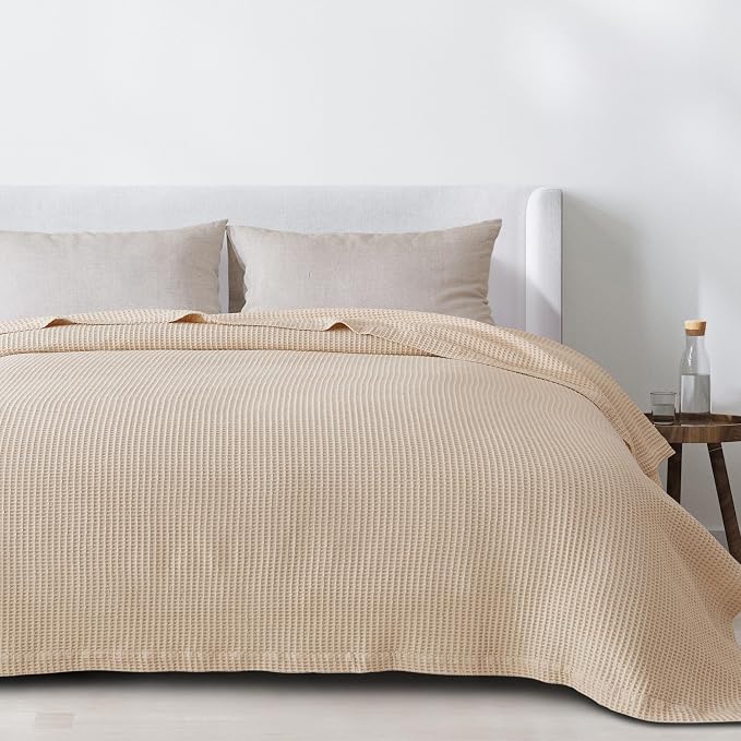 100% Cotton Taupe Blanket Twin Size for Bed - Breathable and Soft, Waffle Weave for Summer Spring, 90x66 Inches