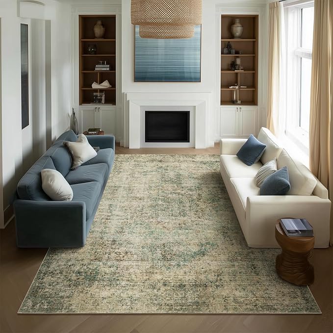 Machine Washable Rugs for Living Room: 10x14 Area Rugs for Bedroom Ultra Soft Non-Slip Low Pile Vintage Distress Boho Large Carpet for High-Traffic Dining Room - Farmhouse Decor