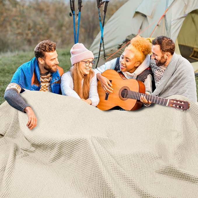 PHF 100% Cotton Waffle Weave Family Blanket Oversized King 120"*120",Pre-Washed Lightweight Breathable for Spring Summer,Machine Washable,10'x 10' Huge Extra Large Big,Home Decoration Gift-Linen/Stone