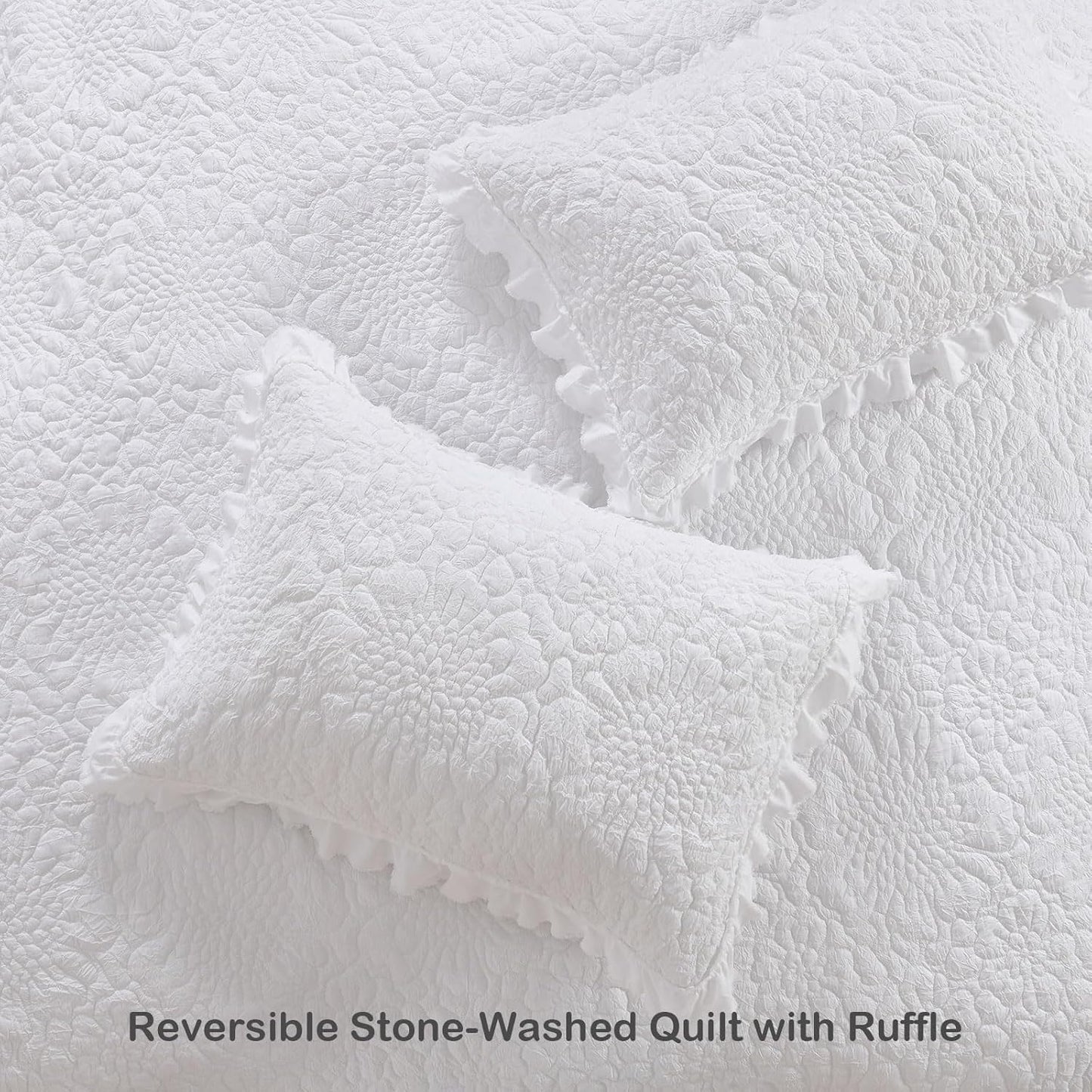 HORIMOTE HOME White Ruffled Quilt King Size, Stone-Washed Microfiber Lightweight Crinkled Farmhouse Rustic Shabby Chic Bedding Set, 3 Pieces Reversible Bedspread with Pillow Shams for All Season