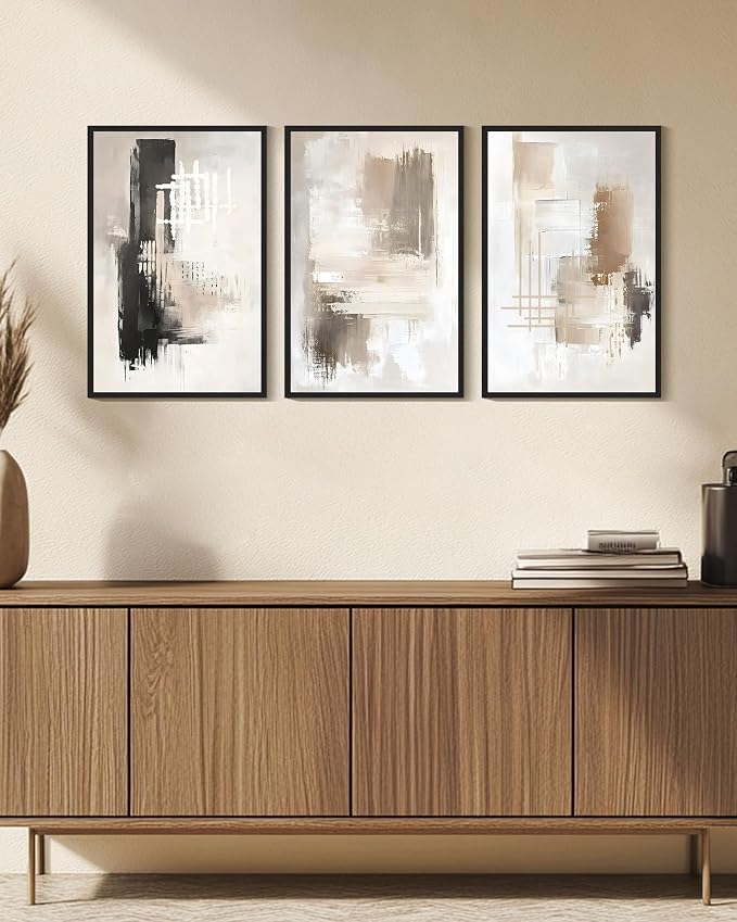 PHOPAGO Abstract Framed Wall Art Large 16x24in Mid Century Modern Minimalist Beige Pastel Watercolor Neutral Wall Decor for Living Room Bedroom - Black Framed
