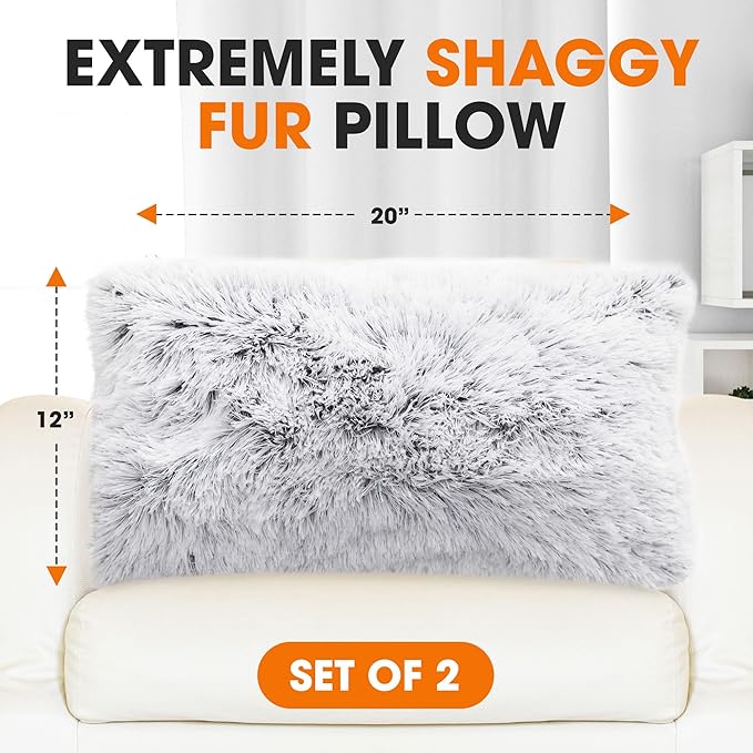 Cheer Collection Throw Pillows for Couch and Bed, Soft Shaggy Throw Pillows with Inserts Included, Cozy Long Hair Faux Fur Pillows - Set of 2-12" x 20" - Gray