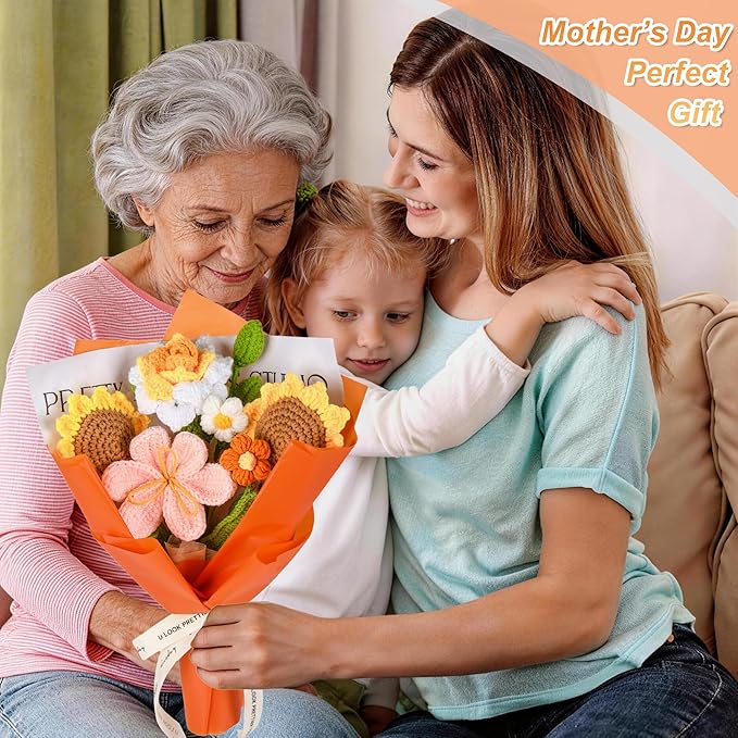 Crochet Flower Bouquet, Orange Crochet Flowers for Mother's Day, Crochet Sunflowers Tulips Roses Bouquet for Valentines Day, Weddings Birthdays Home Decor Gift for Women Moms Wife Friends
