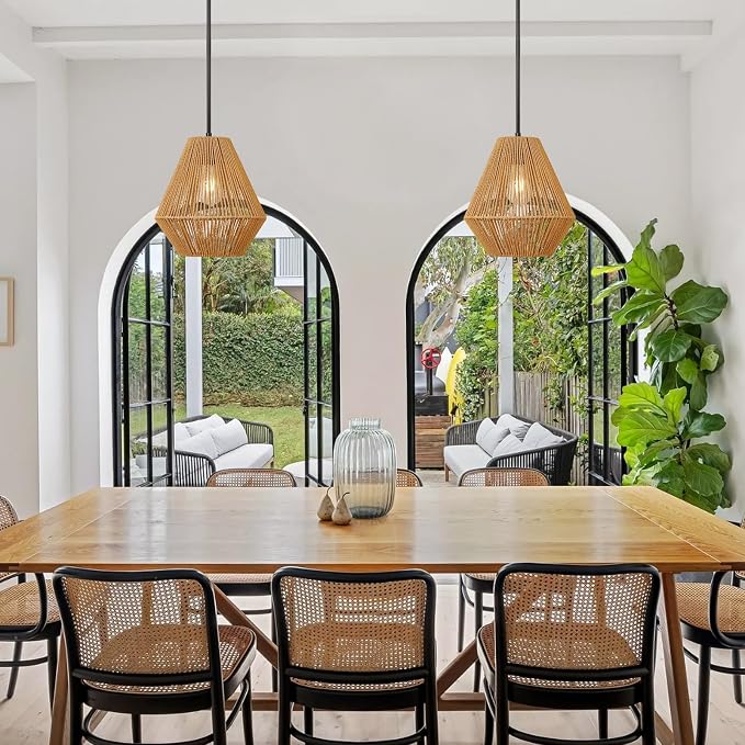 LynPon 12“ Boho Rattan Pendant Light with Rod Hanging, Black Boho Light Fixture with Hanging Lamp Shade, Farmhouse Coastal Wicker Pendant Light for Kitchen Dining Room Bedroom Hallway Foyer Bathroom