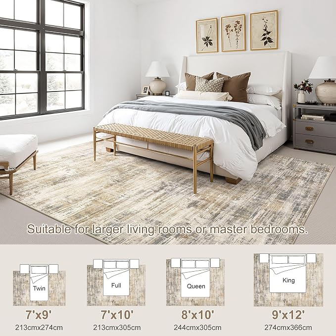 UERMEI 7x9 Washable Area Rug for Living Room: Modern Neutral Abstract Large Soft Low Pile Carpet Non-Slip Pet Kids Friendly Indoor Decor for Bedroom Dining Room Home Office Nursery Golden Brown