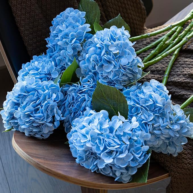 DUYONE 3PCS 22 inch Realistic Artificial Hydrangea Large Flowers Artificial Flowers Dry Flowers Outdoor Wedding Christmas Office Family Party Living Room Table Decoration (Blue)